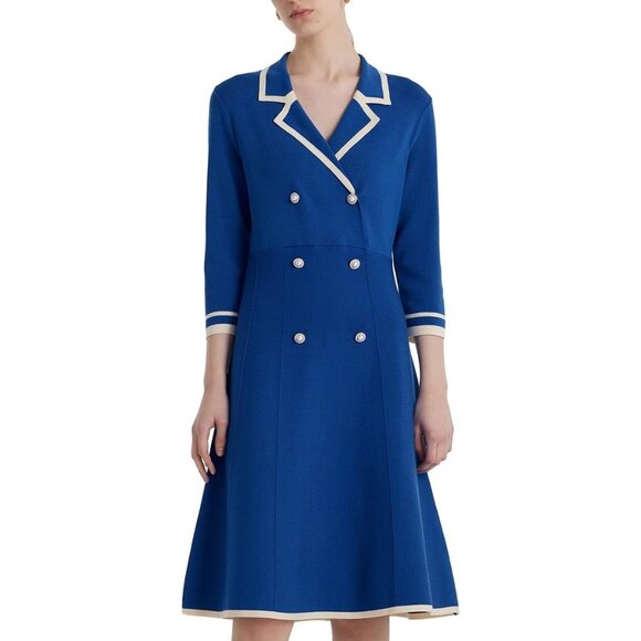 Women Blue Button up 3/4 Sleeve Knit Dresses for Teacher Work Business - Picture 1 of 8